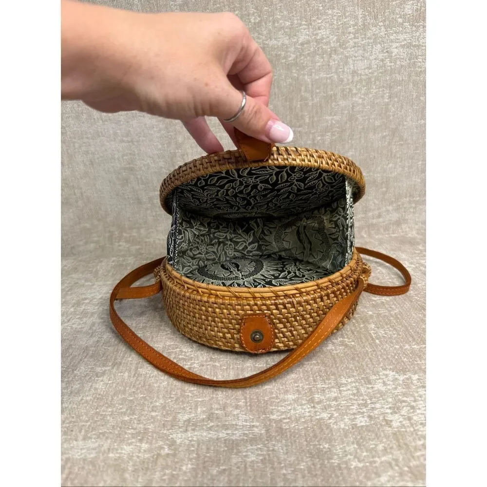 Women's Handwoven Floral Lined Round Rattan Purse Crossbody Bag Tan One Size